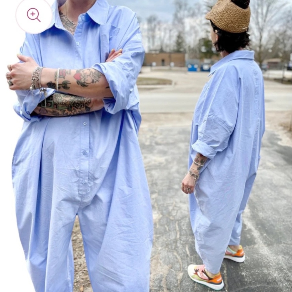 Red sky blue chambray jumpsuit